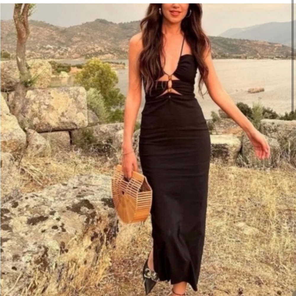 Zara Black Midi Cutout Halter Beck Beaded Bodycon Dress